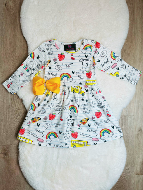 Bowtism Girls School Talk Twirl Dress with Matching Bow - Bowtism